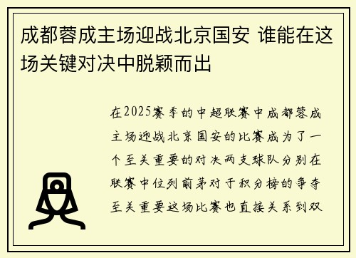 成都蓉成主场迎战北京国安 谁能在这场关键对决中脱颖而出